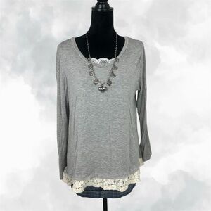 Fantastic Fawn Heather Gray Lace Trim coquette Long Sleeve Ruffle Top